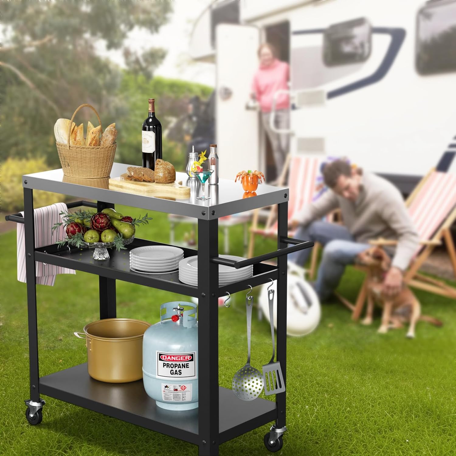 Nessxa Outdoor Grill Cart with Three-Shelf, Stainless Steel Pizza Oven Table for Outside, Dining Kitchen Cart with Two Side Handle, Garden Patio BBQ Kitchen Food Prep Table Cart (Black)