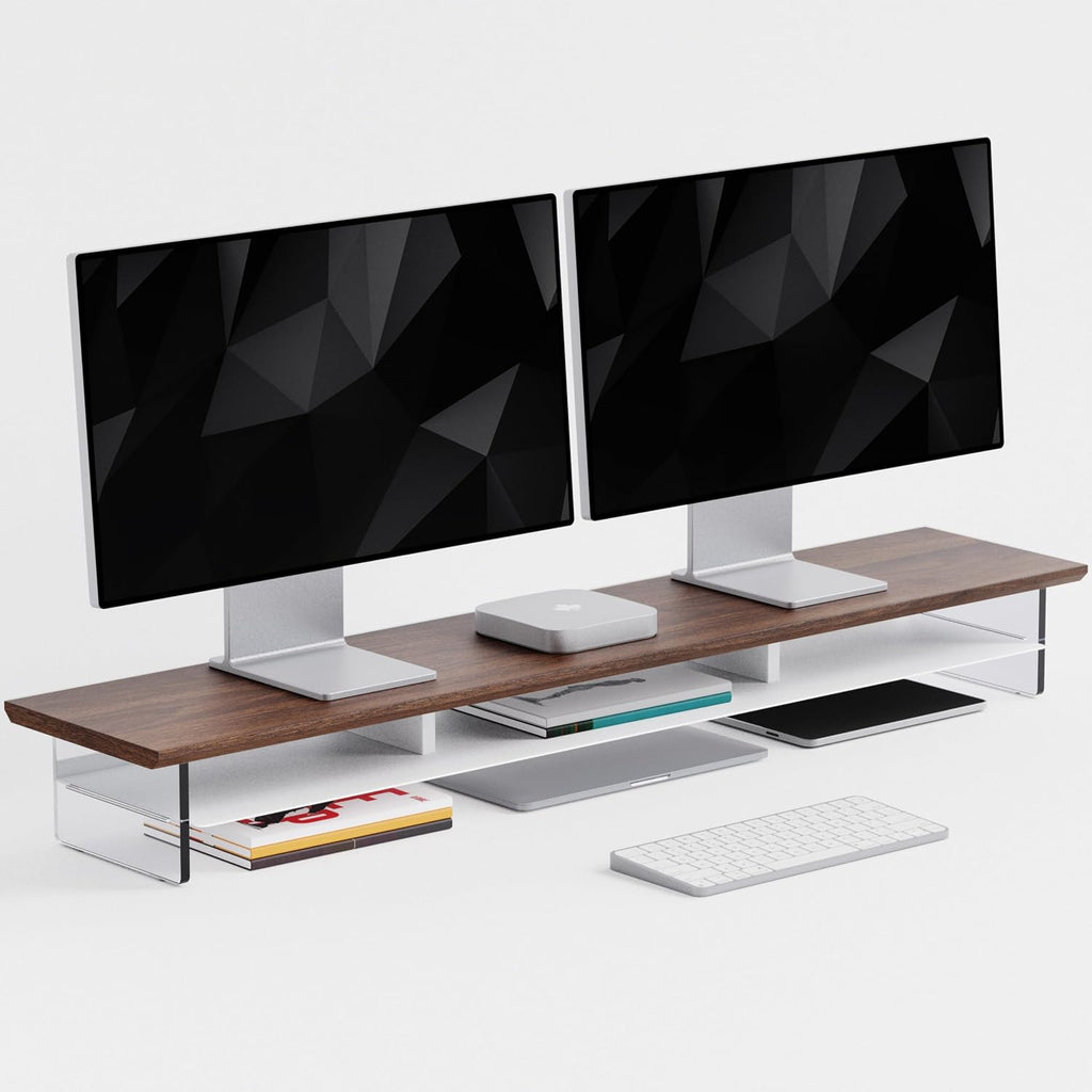 FENSULN Dual‑Tier Monitor Stand for Modern Desk Setup – Minimalist Wooden and Metal Riser Shelf with Transparent Acrylic Feet for Dual Monitors, Laptops, Home Office Aesthetic，Brown and White