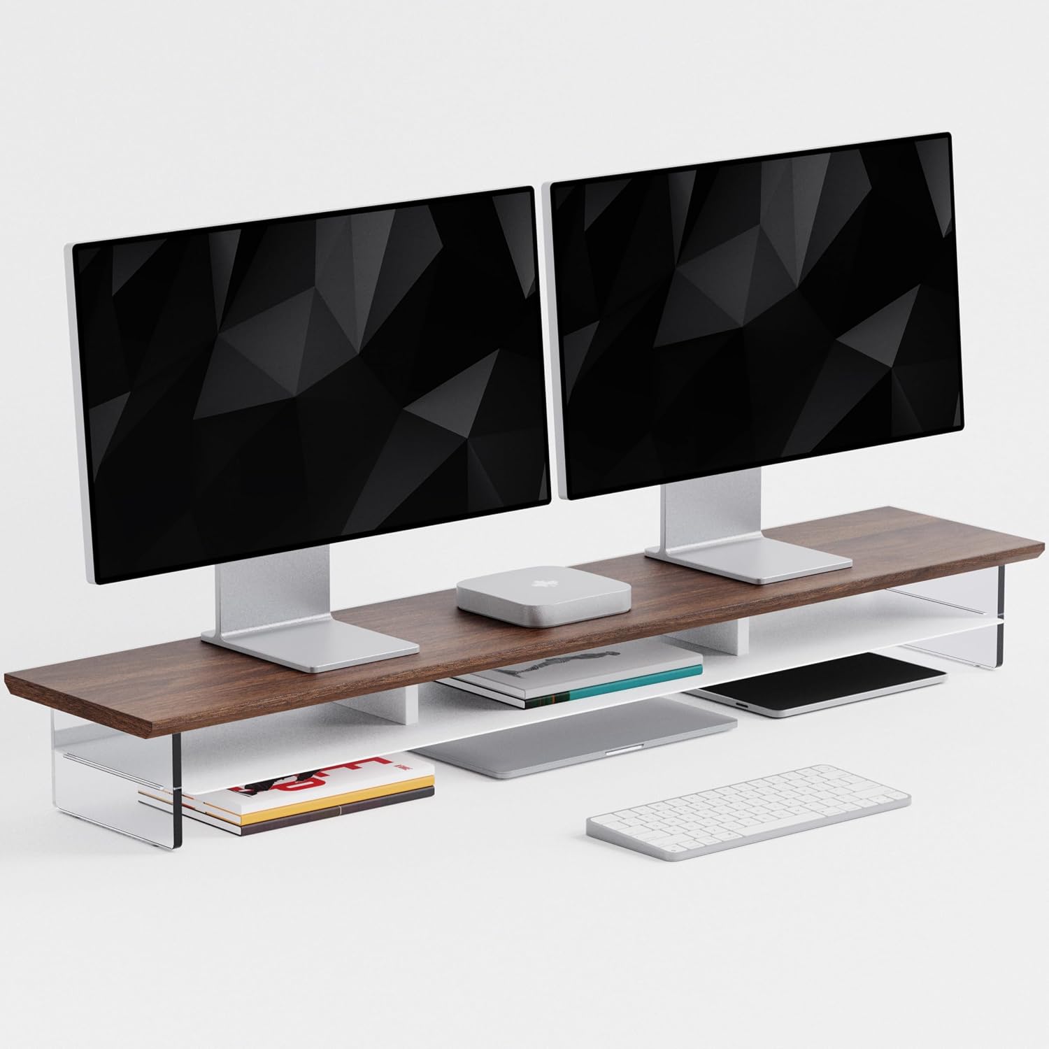 FENSULN Dual‑Tier Monitor Stand for Modern Desk Setup – Minimalist Wooden and Metal Riser Shelf with Transparent Acrylic Feet for Dual Monitors, Laptops, Home Office Aesthetic，Brown and White