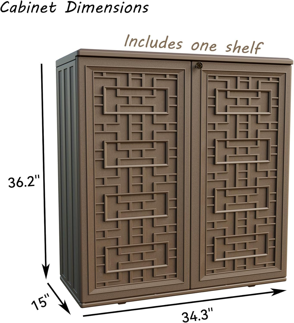 Mrosaa Indoor Outdoor Storage Cabinet Waterproof with 1 Shelf, Plastic Outdoor Storage Cabinets for Patio/Garden/Backyard, Size 34.3''L*15''W*36.2''H(Brown)