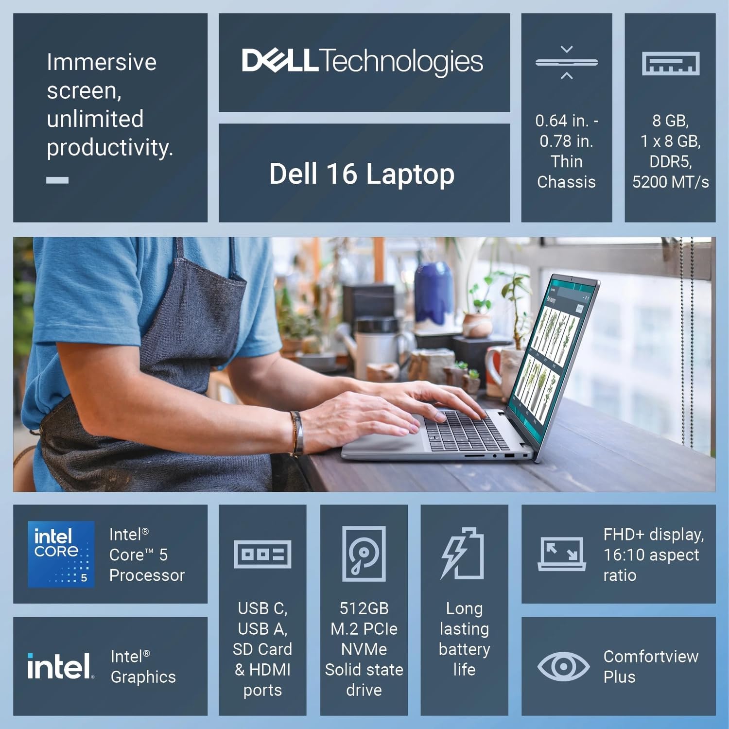 Dell 16' Touchscreen Laptop, Business & Student Laptop Computer, w/Office Lifetime Win 11 Pro, Intel Core 5 120U, 8GB RAM, 256GB SSD, Copilot AI, Mytrix 3-in-1 External Storage, WiFi 6, Keypad, HDMI