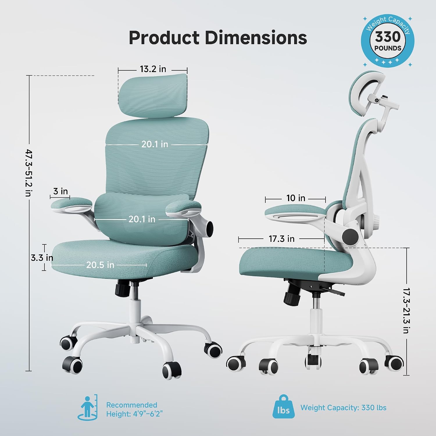 Ergonomic Office Chair, 330LBS Desk Chair with 3-Level Lumbar Support & Headrest, Breathable Mesh Backrest, Flip-Up Armrests for Home Office and Gaming, Blue
