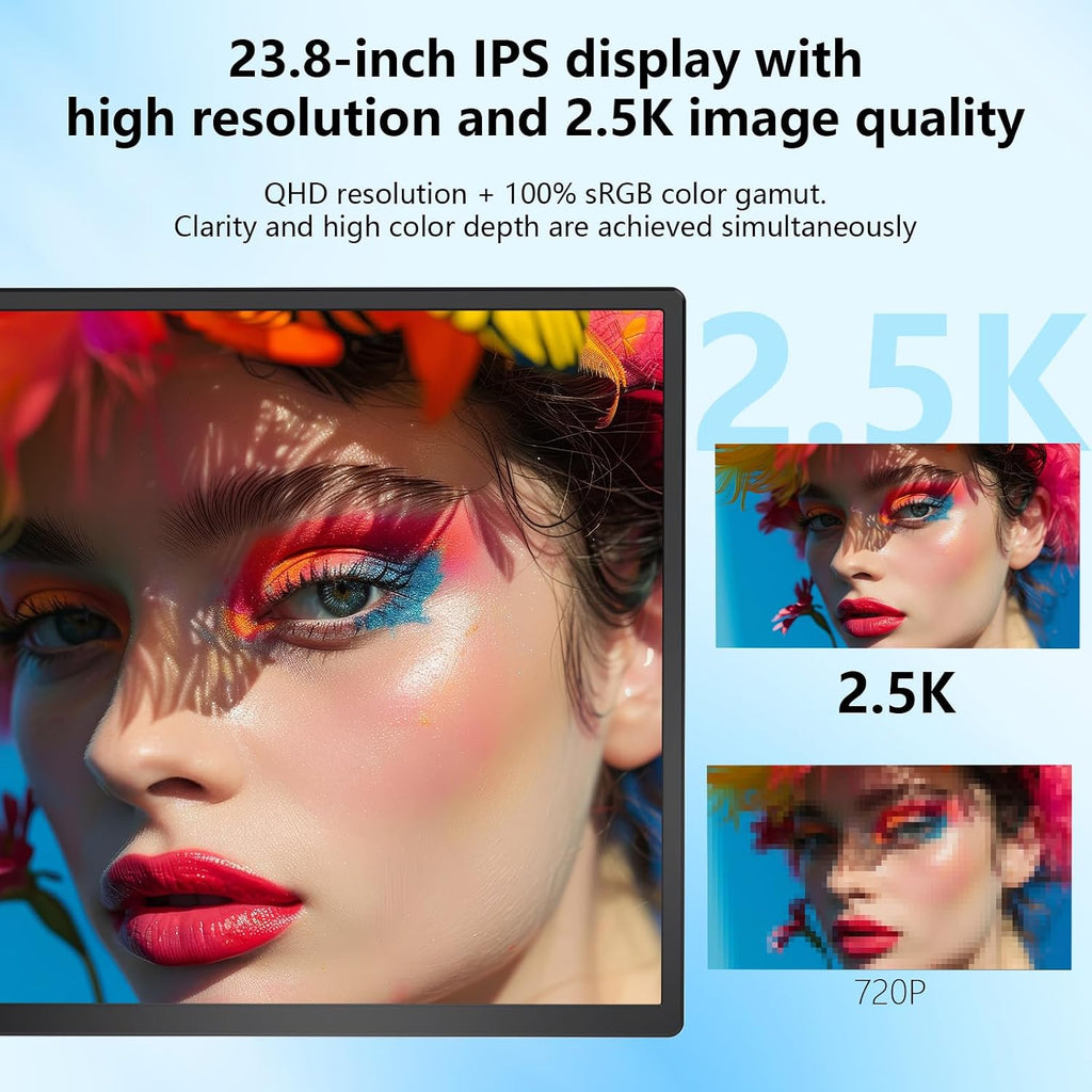 23.8' Large Portable Monitor, 2.5K QHD 180Hz Laptop Screen Extender, 150% RGB 178° IPS, Speakers & USB Hub for Office/Gaming with Kickstand, Travel Monitor for Laptop/PC/Mac/Xbox, VESA USB-C & HDMI
