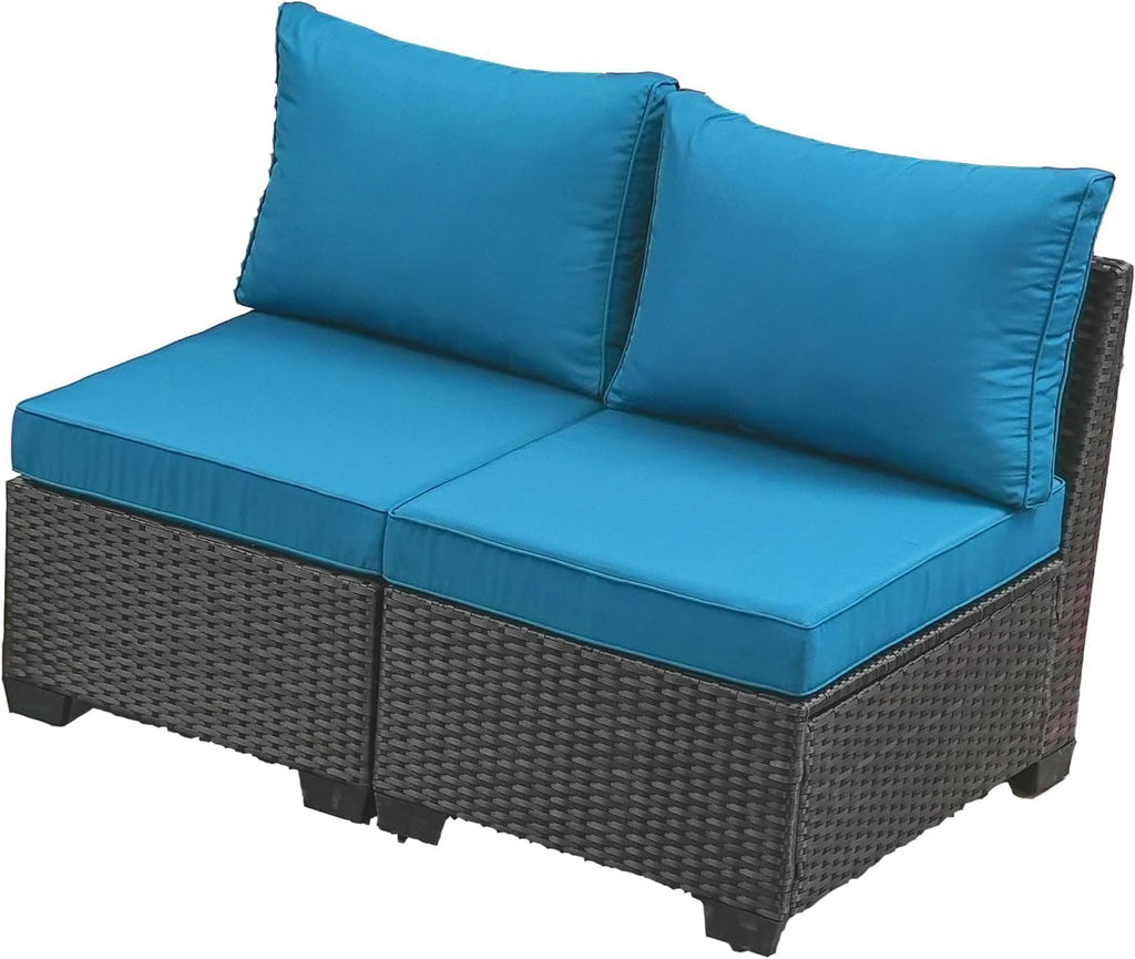2 Piece Outdoor Wicker Armless Sofa, Patio Rattan Sectional Sofa Set with Thick Seat Cushions and 2 Back Cushions for Garden Patio, Backyard, Poolside Peacock Blue