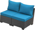 2 Piece Outdoor Wicker Armless Sofa, Patio Rattan Sectional Sofa Set with Thick Seat Cushions and 2 Back Cushions for Garden Patio, Backyard, Poolside Peacock Blue