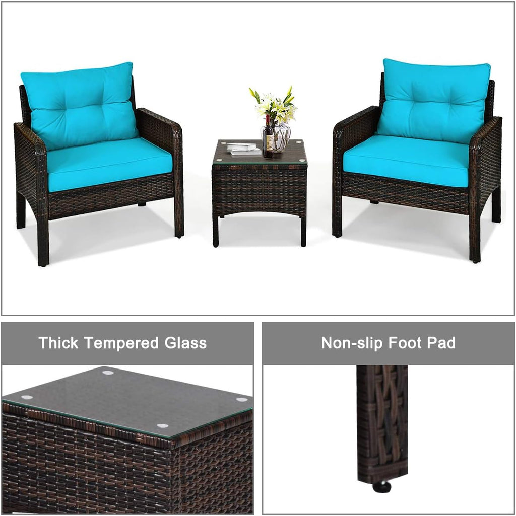 COSTWAY 3PCS Patio Furniture Set, Outdoor Wicker Cushioned Sofa Set with Coffee Table, All Weather Rattan Conversation Set for Garden Balcony Backyard Poolside Lawn, Turquoise