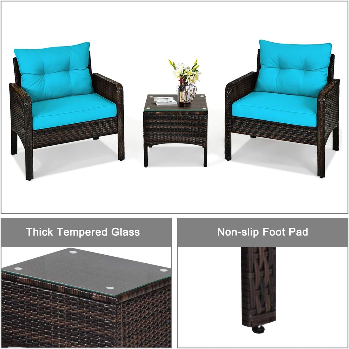 COSTWAY 3PCS Patio Furniture Set, Outdoor Wicker Cushioned Sofa Set with Coffee Table, All Weather Rattan Conversation Set for Garden Balcony Backyard Poolside Lawn, Turquoise