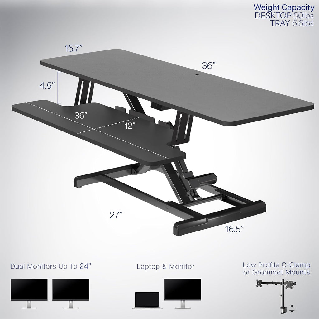 VIVO 36 inch Electric Motor Desk Converter, Height Adjustable Riser, Sit to Stand Dual Monitor and Laptop Workstation with Wide Keyboard Tray, Black, DESK-VE36B