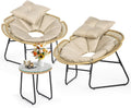 3 Pieces Rattan Bistro Set, Flower-Shaped Wicker Patio Furniture Set with Cushion & Pillow, Bistro Table and Chairs Set of 2 with Glass Top Table Adjustable Foot Pads in Balcony, Apartment