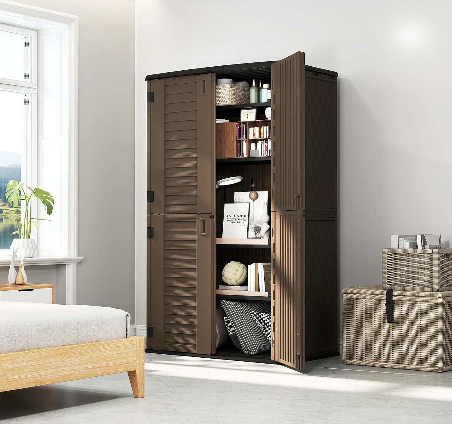 HOMSPARK Storage Shed Weather Resistance, Multi-Purpose Outdoor Storage Cabinet for Backyards and Patios, Horizontal Storage Shed for Lawnmower, Patio Accessories (Coffee, Tall - 53 cu.ft)