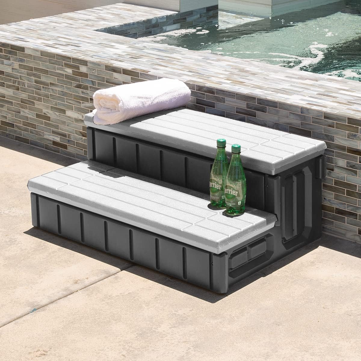 XtremepowerUS Universal Heavy Duty 2-Step Spa & Hot Tub Step Porch Steps with Large Storage Compartment Non-Slip Resistant Step Stairs 36' Inches Long Stool Pool Ladder, Grey