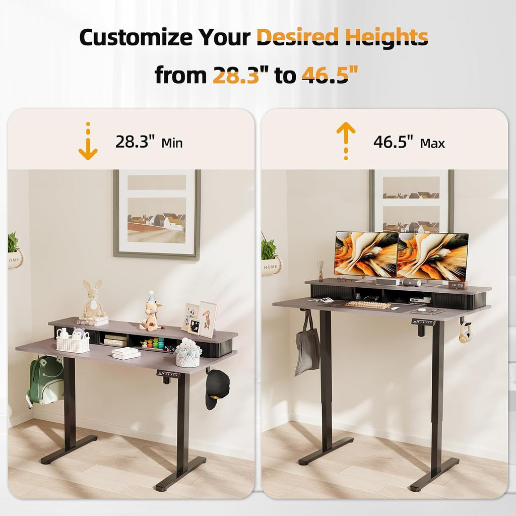 JOY worker Height Adjustable Electric Standing Desk with Storage Shelves, 48 Inch Table with Built-in Monitor Stand, Sit Stand Desk with 2 Hooks for Home Office, Grey Desktop & Black Frame