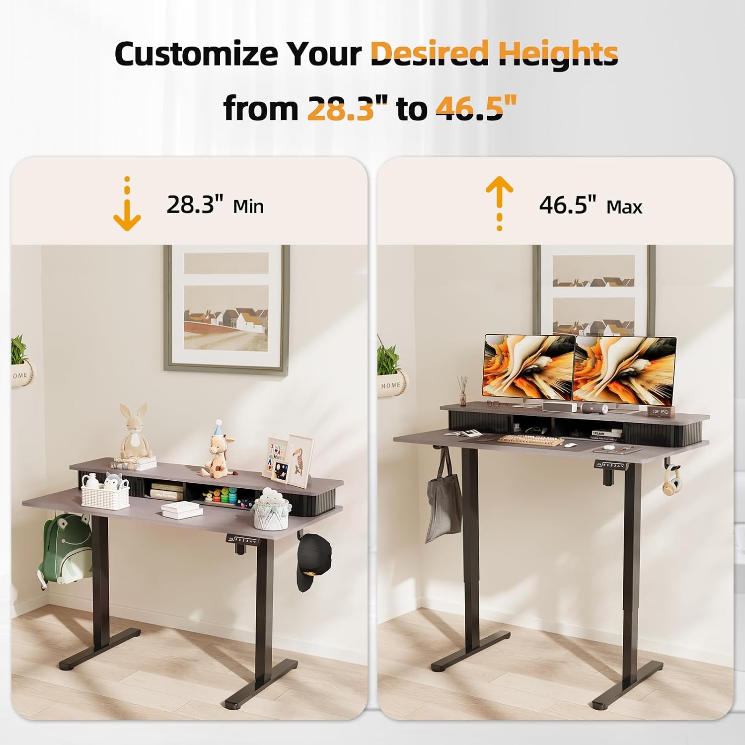 JOY worker Height Adjustable Electric Standing Desk with Storage Shelves, 48 Inch Table with Built-in Monitor Stand, Sit Stand Desk with 2 Hooks for Home Office, Grey Desktop & Black Frame