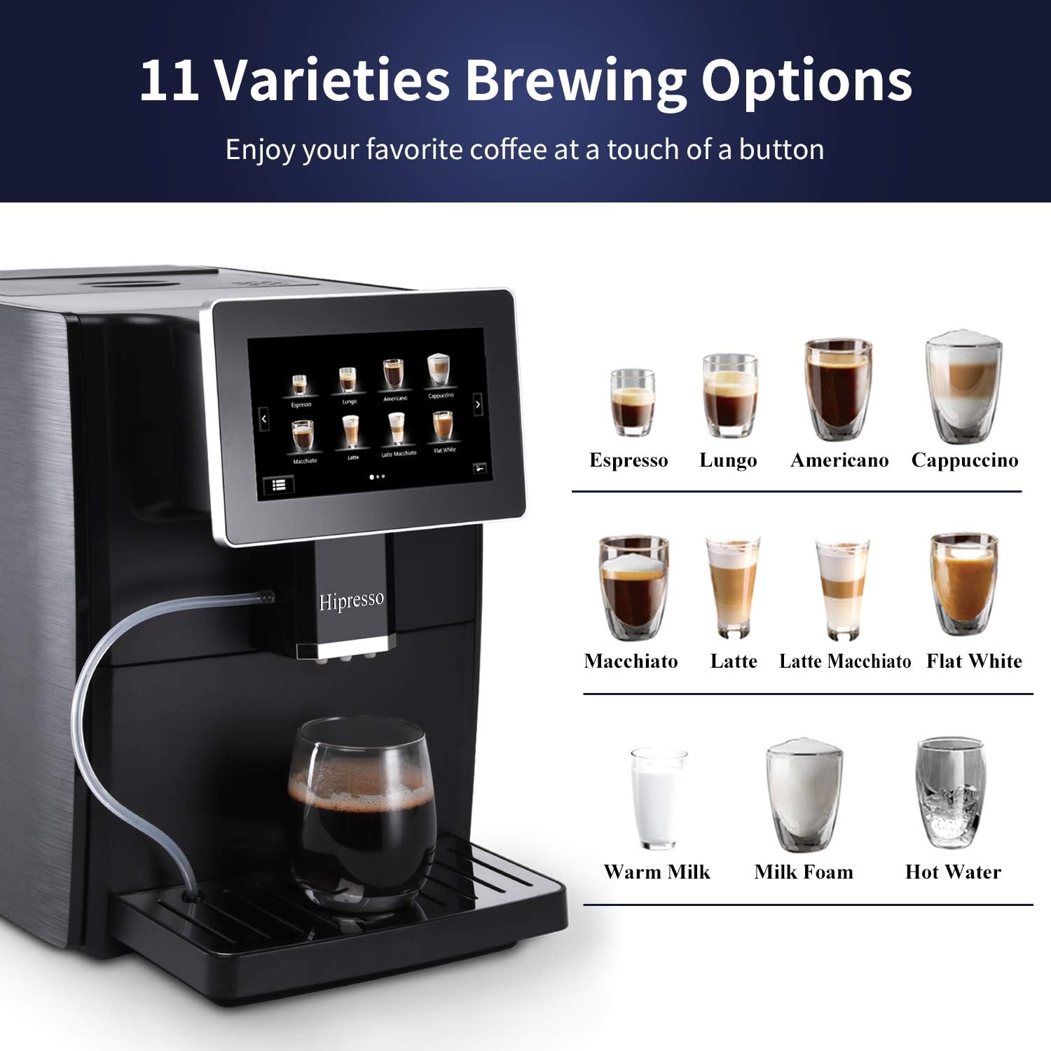Hipresso Super Fully Automatic Espresso Coffee Machine-7' HD TFT Touchscreen with Milk Frother 19 Bar Pressure