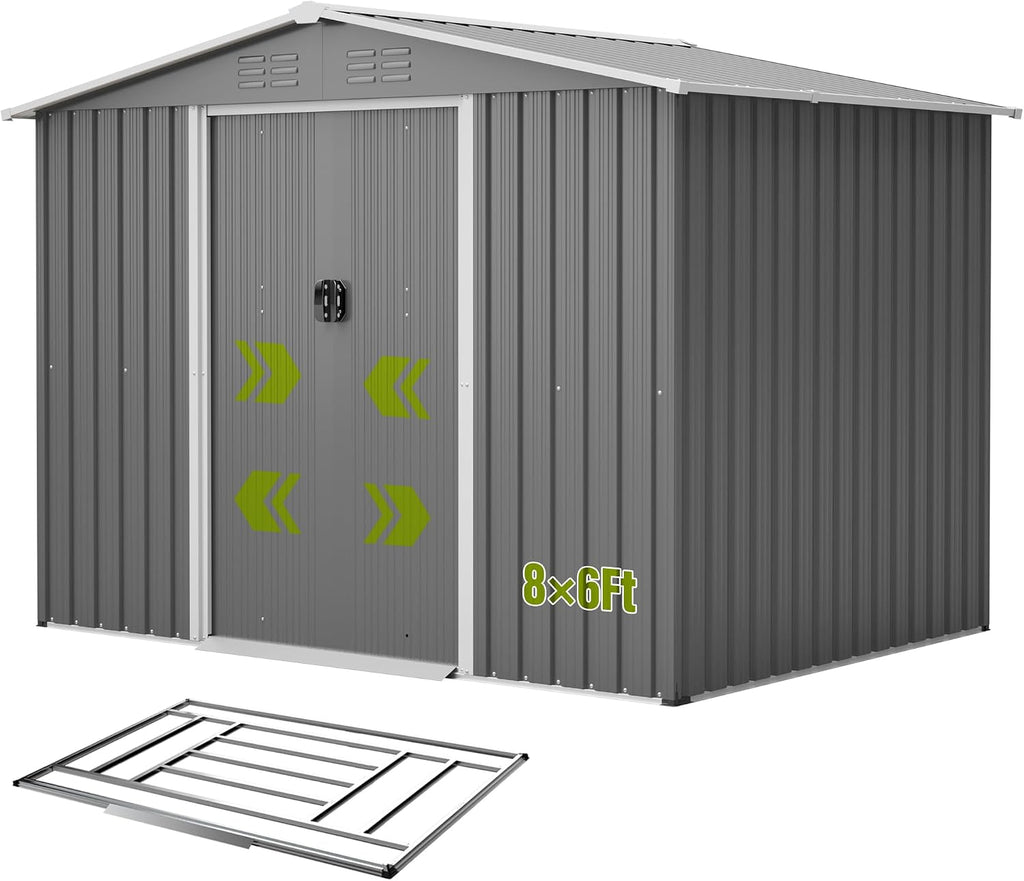 8x6 ft Outdoor Metal Storage Shed with Sliding Door, Heavy-Duty Weather Resistant Steel Garden Shed with Floor Base Kit Included