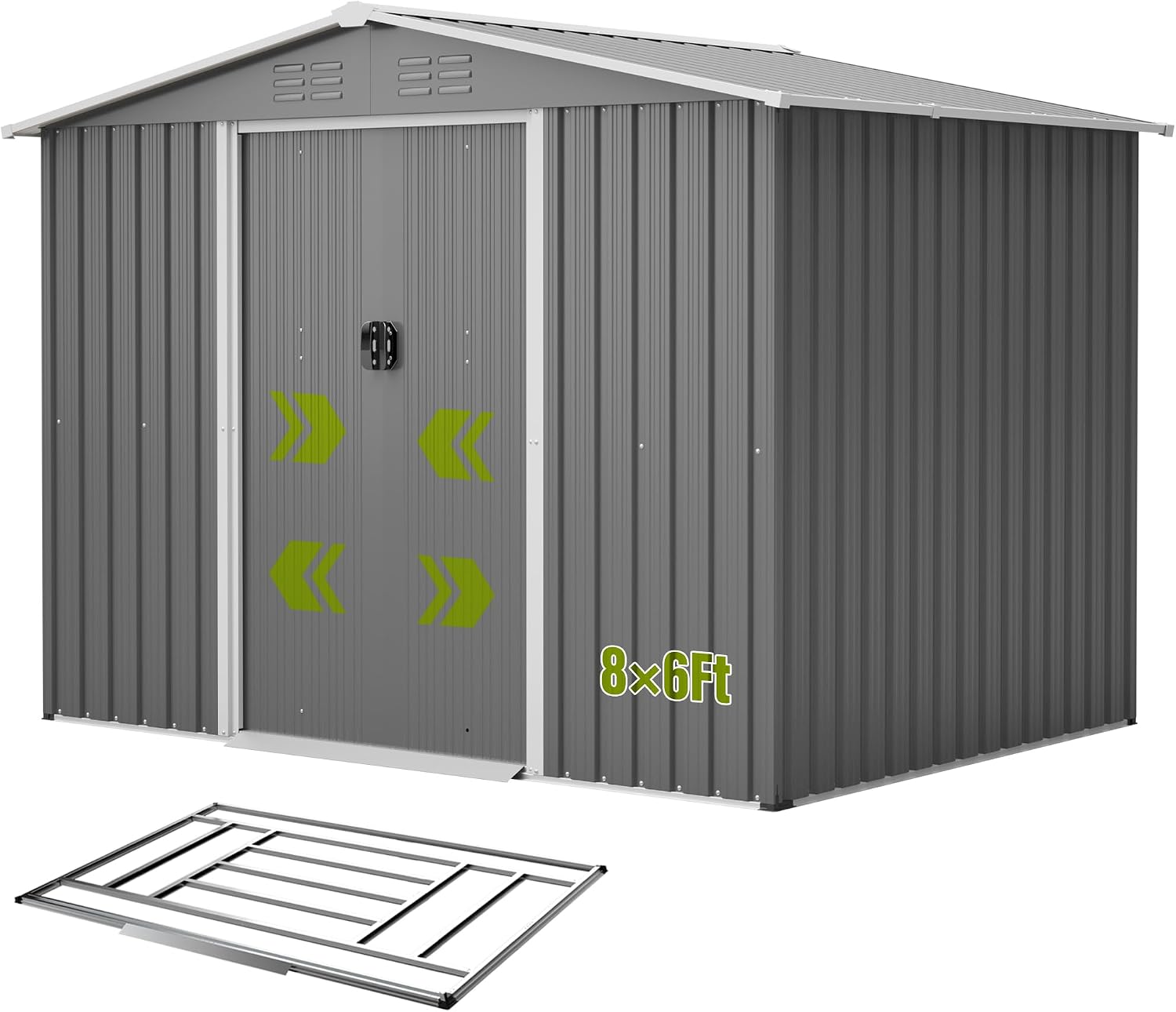 8x6 ft Outdoor Metal Storage Shed with Sliding Door, Heavy-Duty Weather Resistant Steel Garden Shed with Floor Base Kit Included