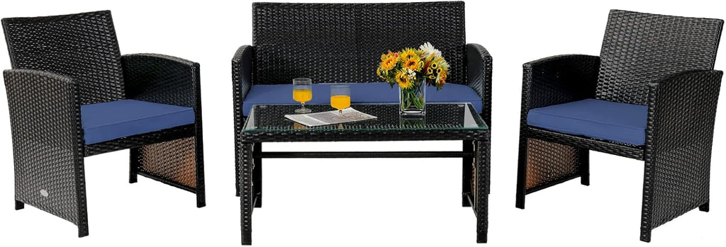 Tangkula 4 Pieces Rattan Furniture Set, Outdoor Conversation Set w/Chair & Loveseat & Tempered Glass Coffee Table, Suitable for Garden, Backyard, Poolside, Patio Furniture Set for 4 (1, Blue)