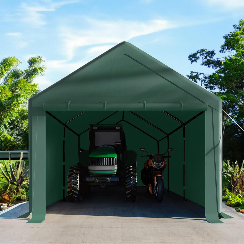 Carport 10x20 Ft Heavy Duty Canopy Steel Canopy Storage Shed,Portable Party Tent,Portable Garage with Removable Sidewalls & Doors All-Season Tarp for Carport Floor Fixing (Green)
