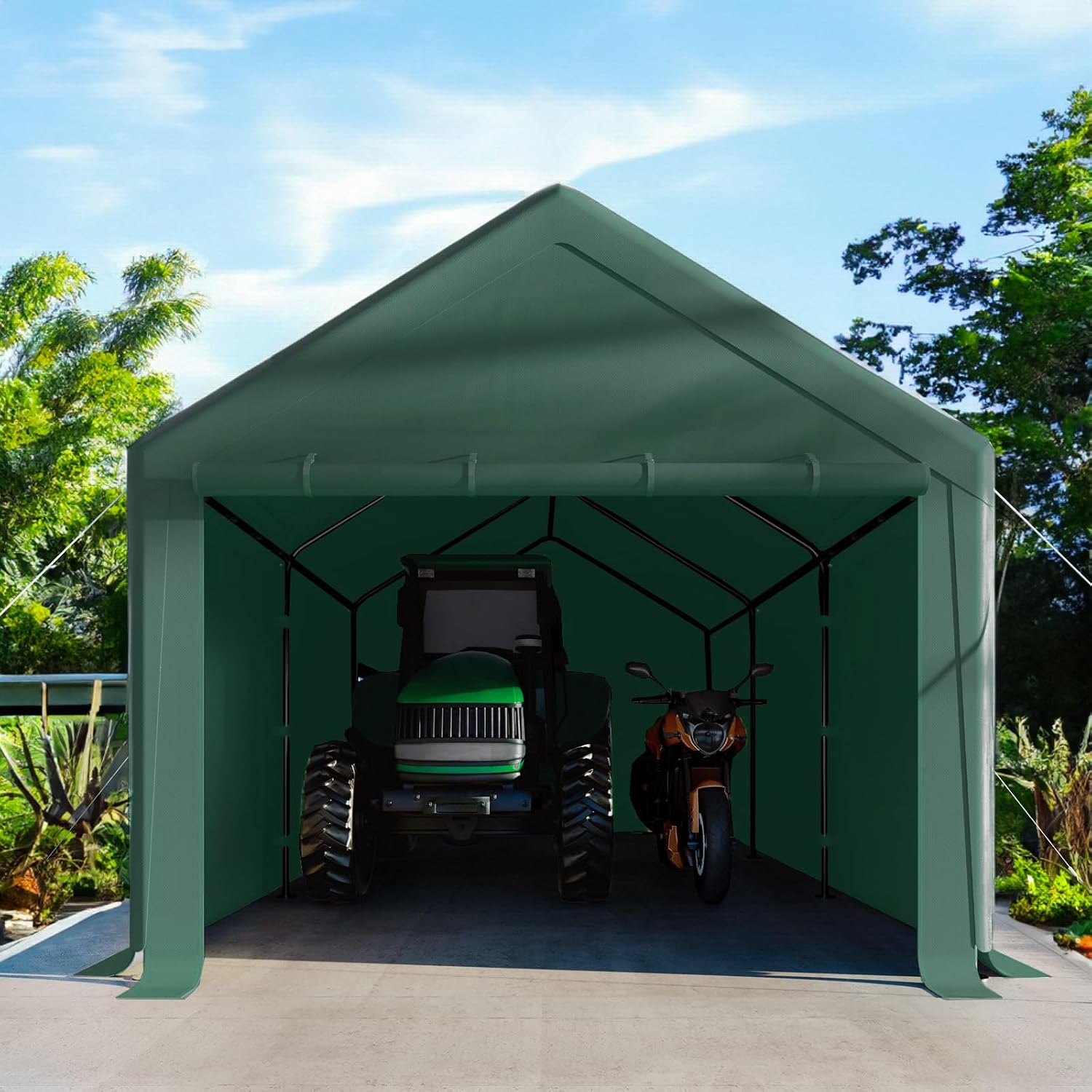 Carport 10x20 Ft Heavy Duty Canopy Steel Canopy Storage Shed,Portable Party Tent,Portable Garage with Removable Sidewalls & Doors All-Season Tarp for Carport Floor Fixing (Green)