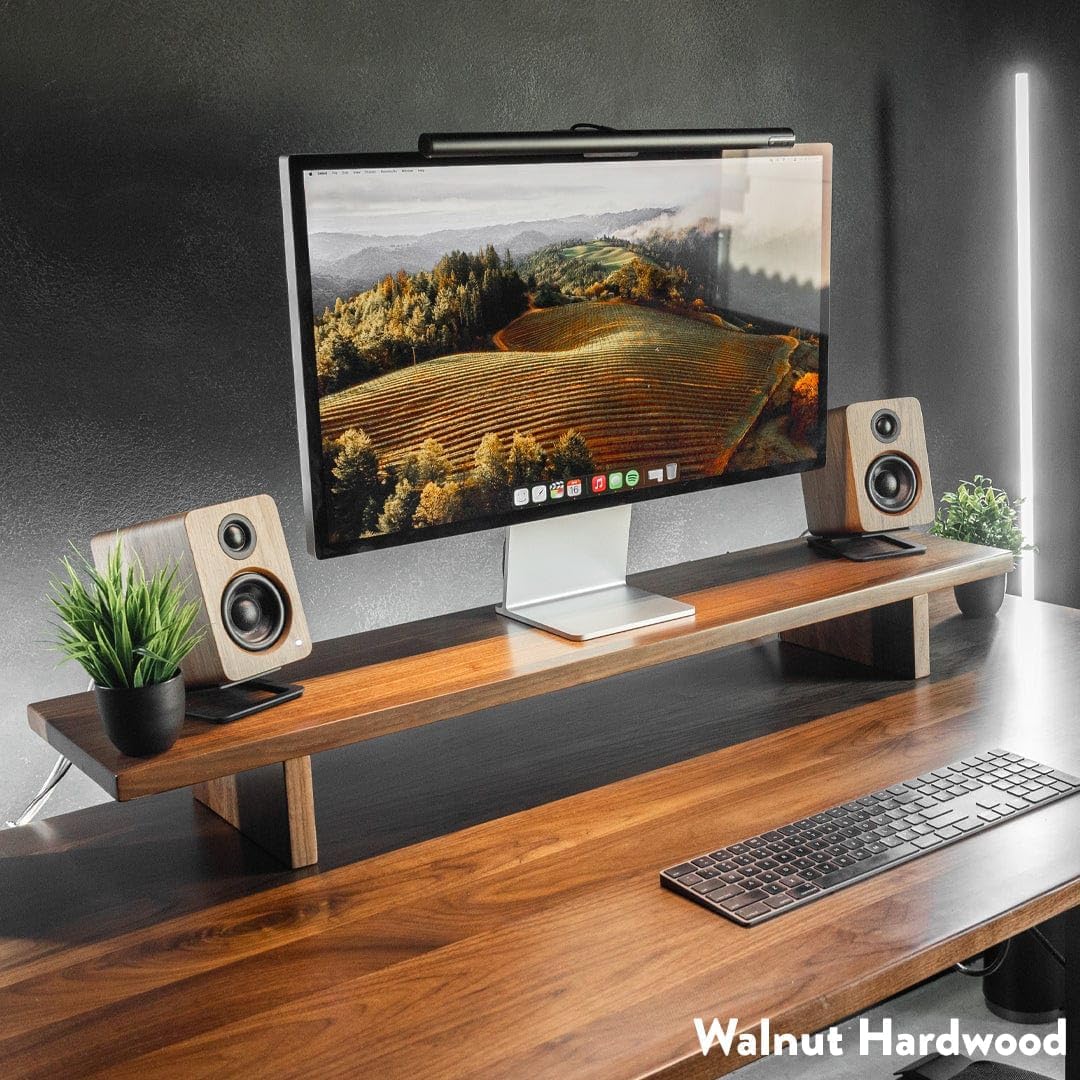 Desky Minimal Monitor Stand – Ergonomic Wood Riser for Single or Dual Monitors, Desk Shelf Organizer to Elevate Screen Height – Natural Rubberwood