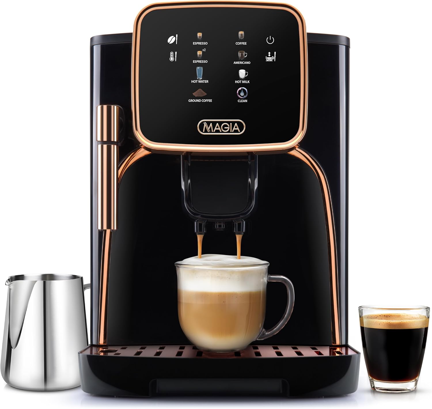 Zulay Kitchen Magia Clasica Automatic Espresso Machine with Built-In Grinder, Touch Panel Coffee Maker, Steam Wand Milk Frother, Adjustable Strength, Self-Cleaning, Black & Copper (13' x 17.7' x 9.4')
