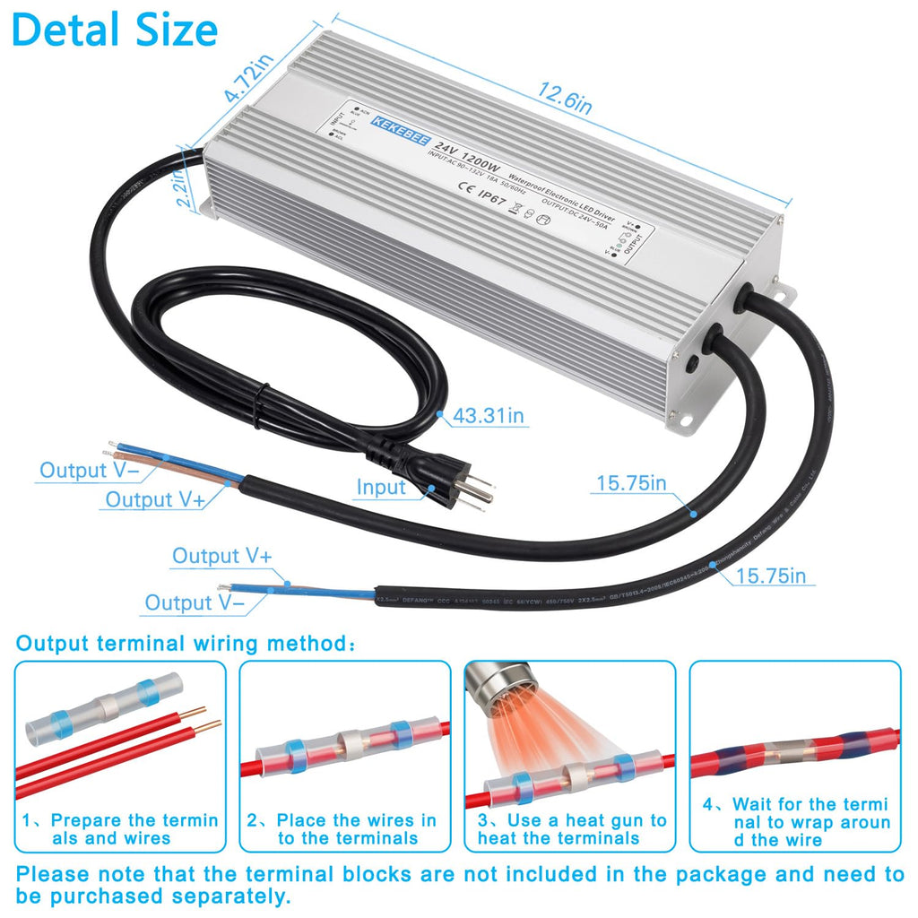 LED Driver 24V1200W Waterproof Power Supply AC90-132V to DC24V50A High Power Switching Power Supply IP67 Transformer Suitable for Indoor and Outdoor LED Lighting and Any 24V DC Equipment