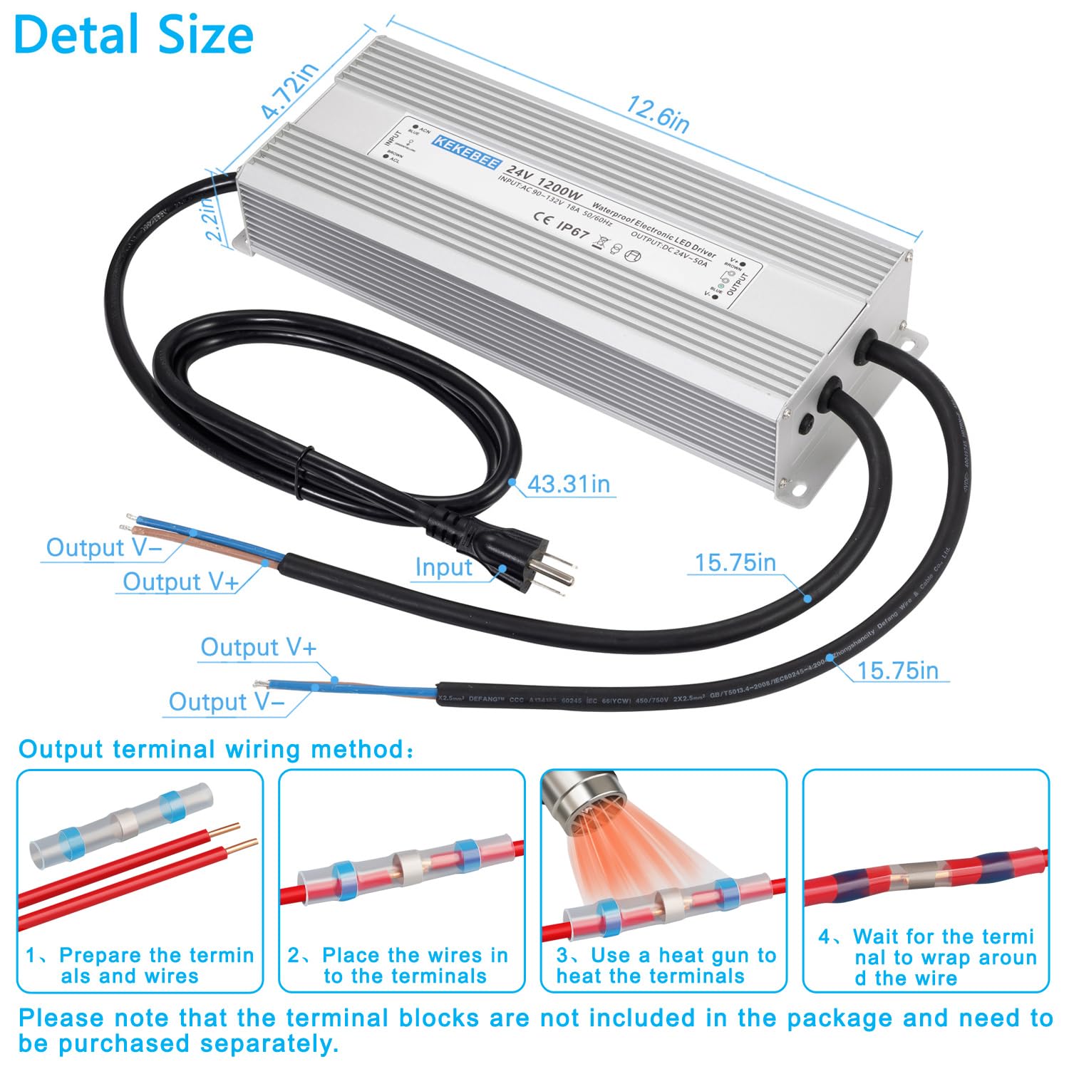 LED Driver 24V1200W Waterproof Power Supply AC90-132V to DC24V50A High Power Switching Power Supply IP67 Transformer Suitable for Indoor and Outdoor LED Lighting and Any 24V DC Equipment