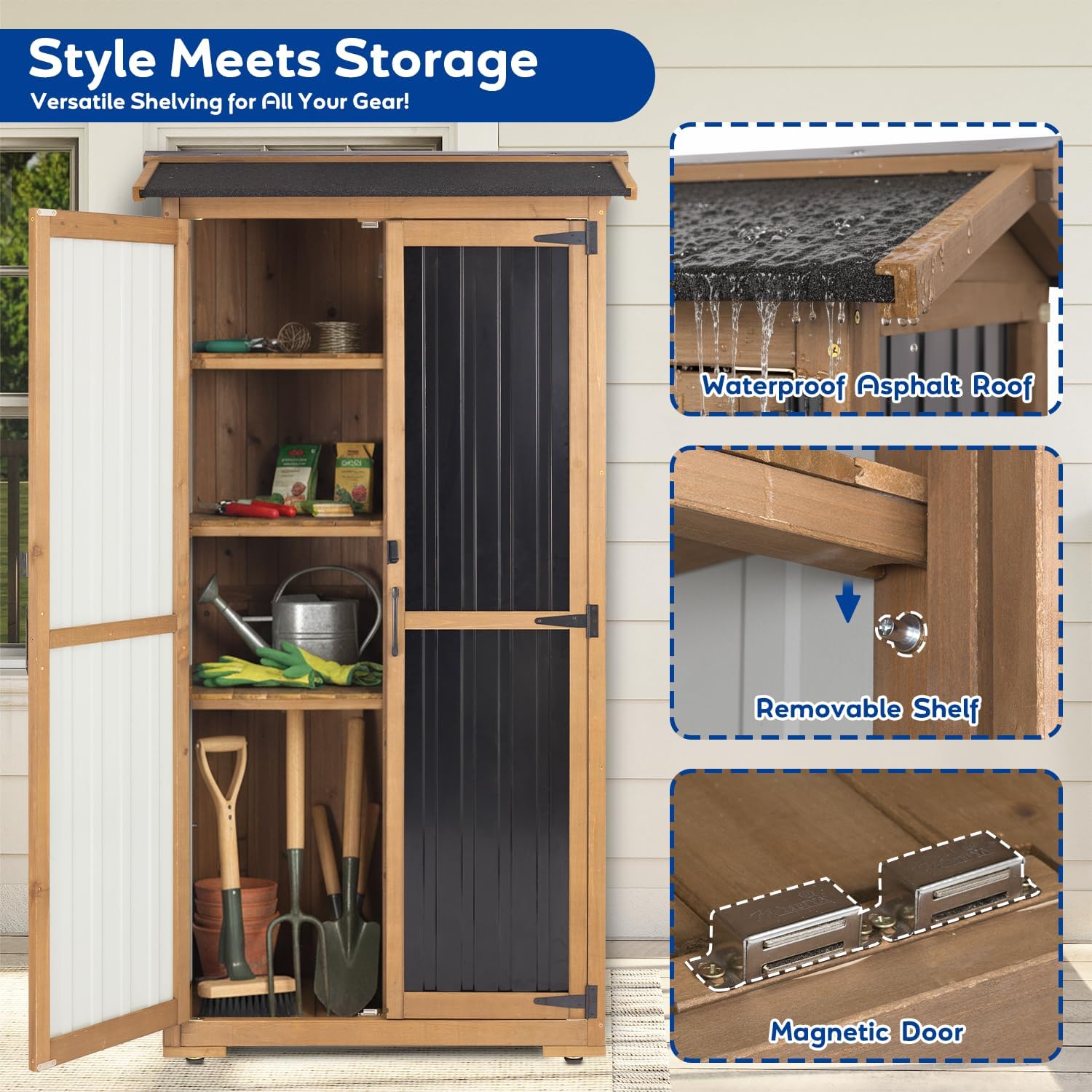 Storage Cabinet Outdoor Garage Cabinets with 3 Adjustable Shelves, Lockable Door, Wood & Metal Weather-Resistant Pantry Cabinet for Patio Garden Home Farm (33.3' Lx 21' Wx 69' H)