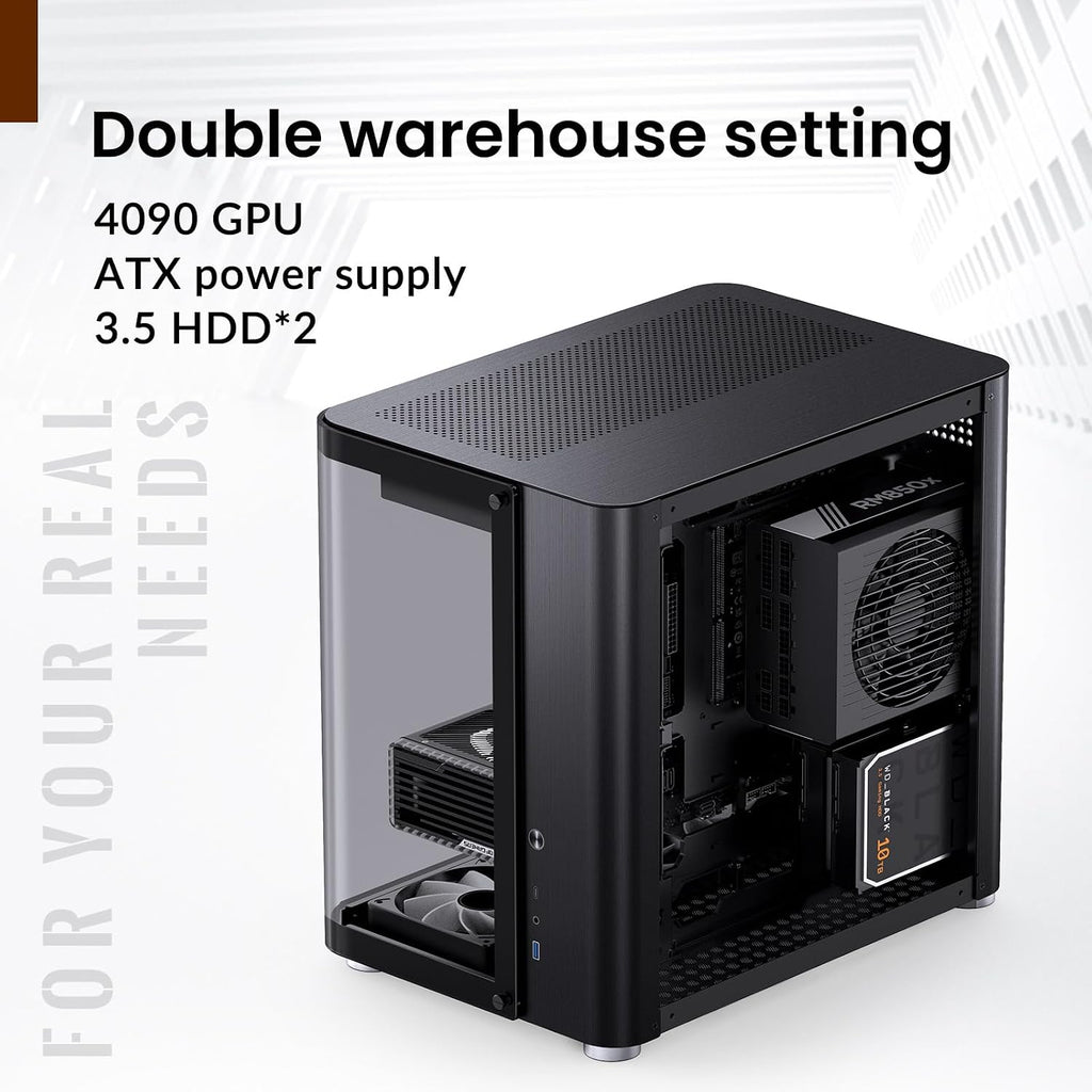 JONSBO TK-2 Black ATX Mid-Tower Pc Case,Hyperboloid Glass Design, Separated Cabinet Structure, Al Alloy Shell Desktop Computer Case, Support BTF Motherboard/ATX Power supply/360 AIO, Black