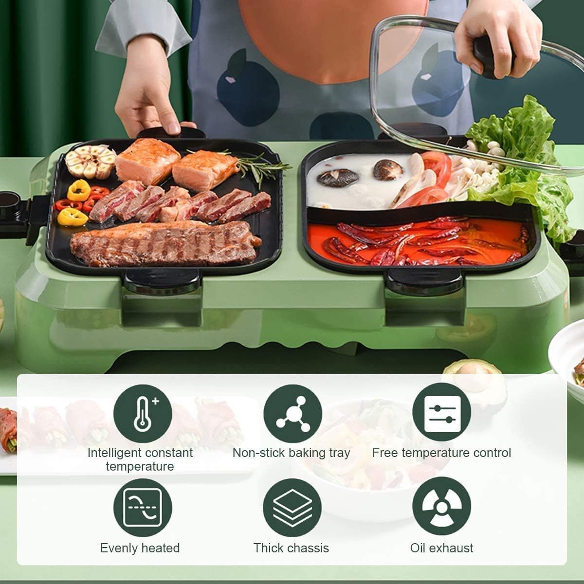Electric Grill And Hot Pot,Fast Heat Hot Pot,Smokeless BBQ Grill Non-Stick Pan,Separate Dual Temperature Control,for 2-12 People,Red (Color : Green)