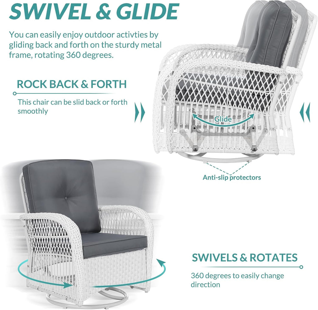 MEETWARM 3 Pieces Outdoor Wicker Swivel Rocker Patio Set, Rocking Chairs Rattan Patio Furniture Sets with Thickened Cushion and Glass-Top Coffee Table, Conversation Bistro Set, White Wicker/Grey