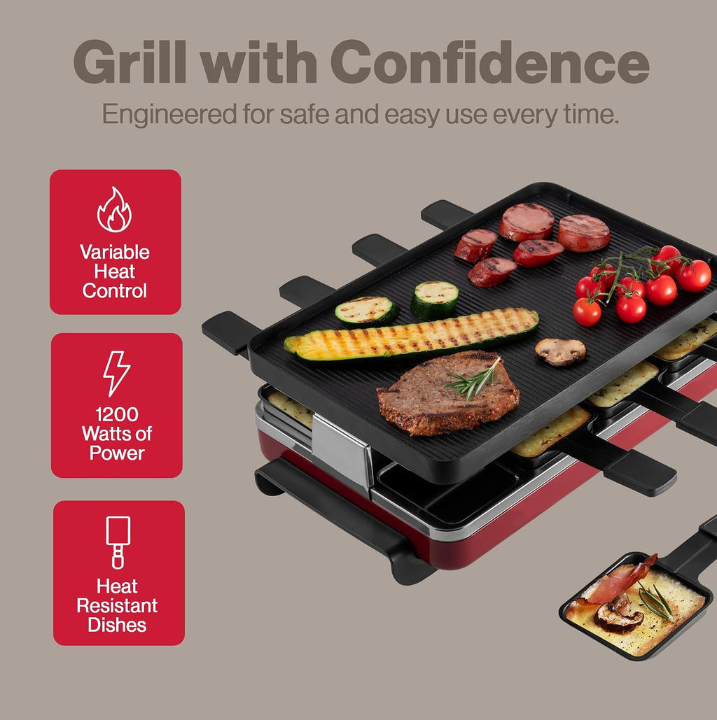 Swissmar Classic 8-Person Raclette Party Grill with Reversible Cast Aluminum Non-Stick Grill Plate/Crepe Top, Indoor Electric Raclette Grill & Griller - Black Grill Plate - Red