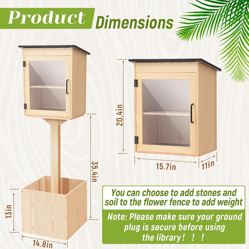 Wonderjune Wooden Little Library Box Outdoor, Weatherproof Double Solid Wood Book Exchange Box with Floor Plugs and Small Flower Fence for Neighborhoods, Community, Literature, School(Natural Wood)