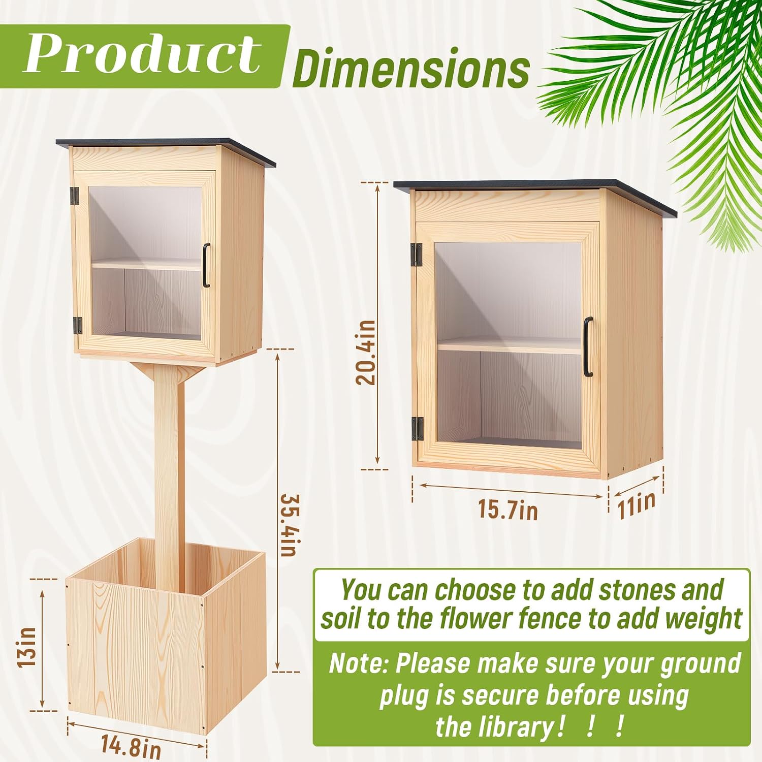 Wonderjune Wooden Little Library Box Outdoor, Weatherproof Double Solid Wood Book Exchange Box with Floor Plugs and Small Flower Fence for Neighborhoods, Community, Literature, School(Natural Wood)