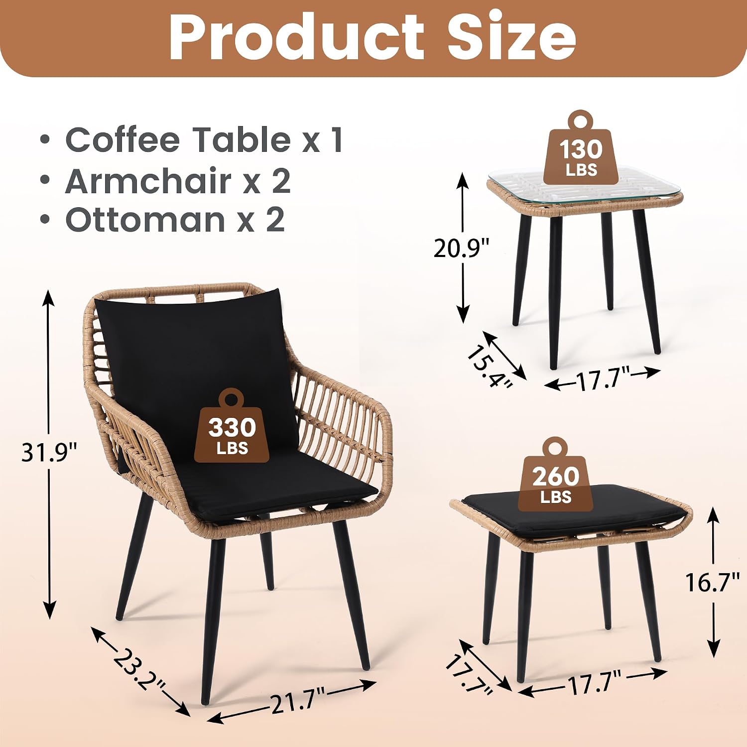 KROFEM 5 Piece Wicker Bistro Patio Conversation Furniture Set, Includes 2 Chairs, 2 Ottomans, and Side Table, Ideal for Porch, Balcony, Deck, Backyard, Natural