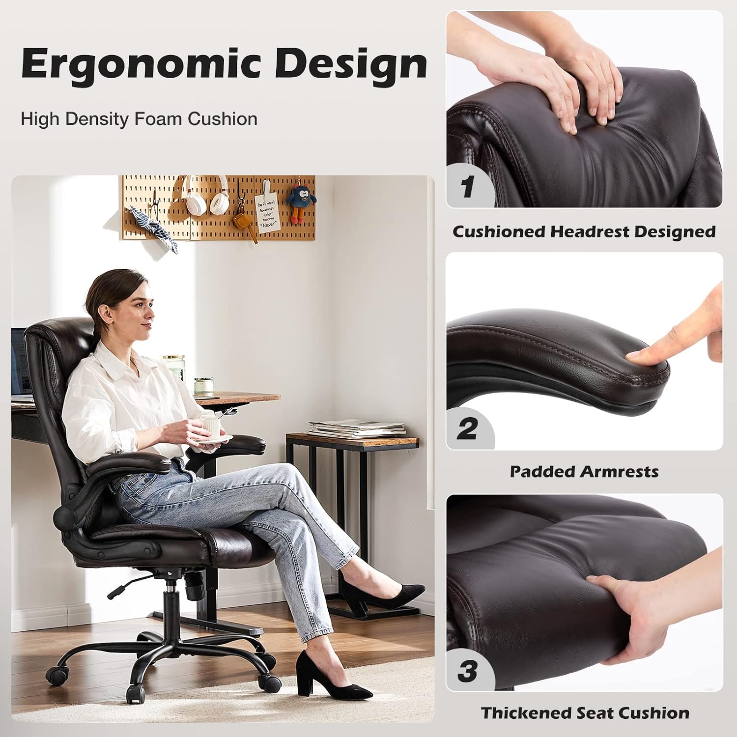 DUMOS Office Chair Set of 2 - Ergonomic Executive Computer Desk Chairs with Adjustable Flip-up Armrest, Swivel Task Chair with Lumbar Support, Strong Metal Base, PU Leather, Brown