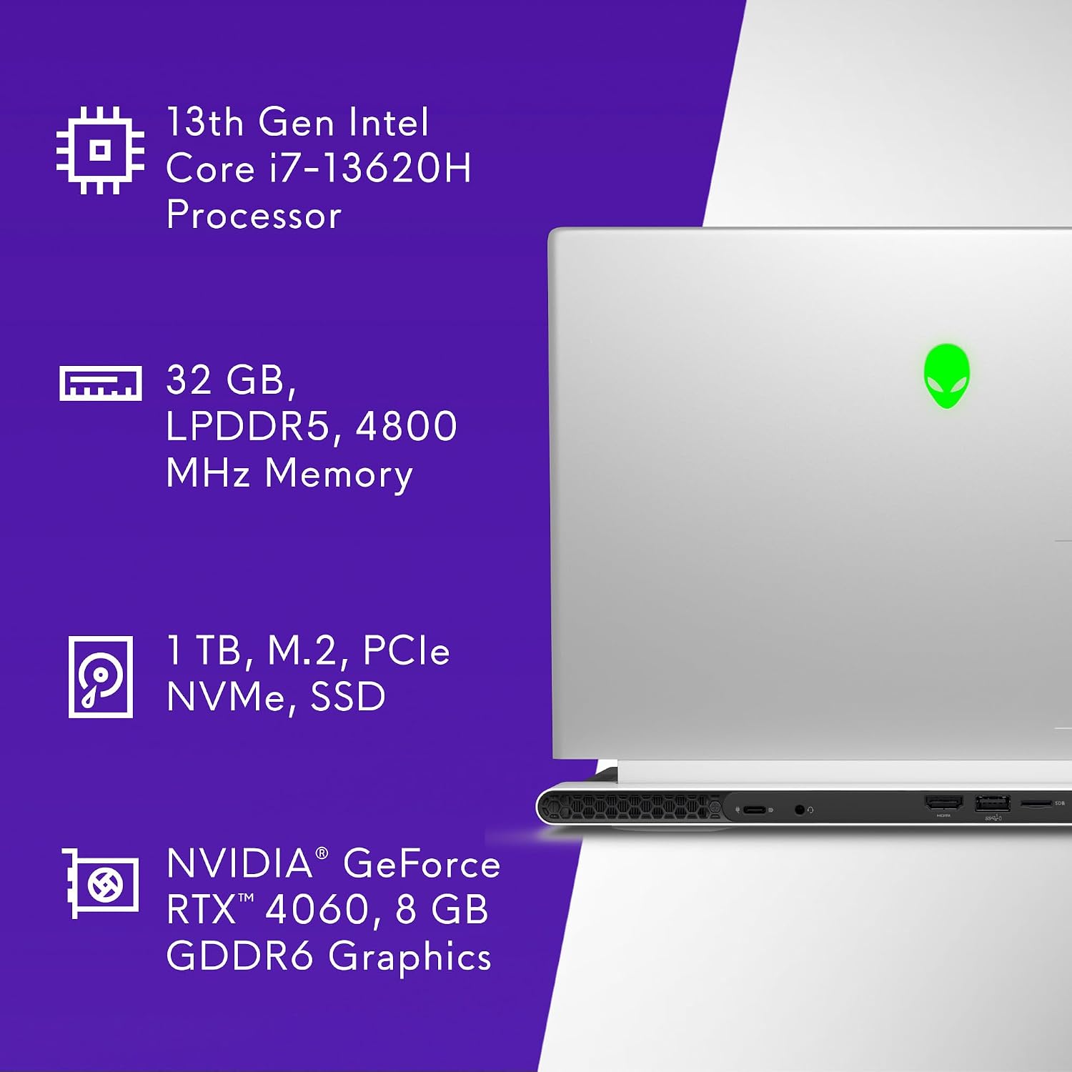 Alienware x14 R2 Gaming Laptop 14' QHD+ 165Hz G-Sync, Intel Core i7-13620H, NVIDIA GeForce RTX 4060 8GB, 32GB RAM, 1TB SSD, Windows 11 Home, AlienFX Backlit US Keyboard, Lunar Silver