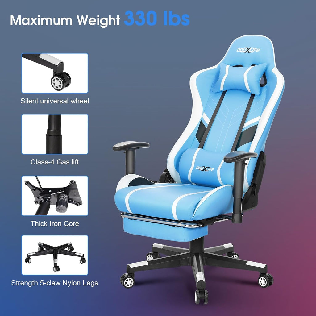 Gaming Chair Massage PC Gaming Chair Office Chair Ergonomic Computer Chair with Rolling Swivel Task Chair Lumbar Support Footrest Headrest, Light Blue