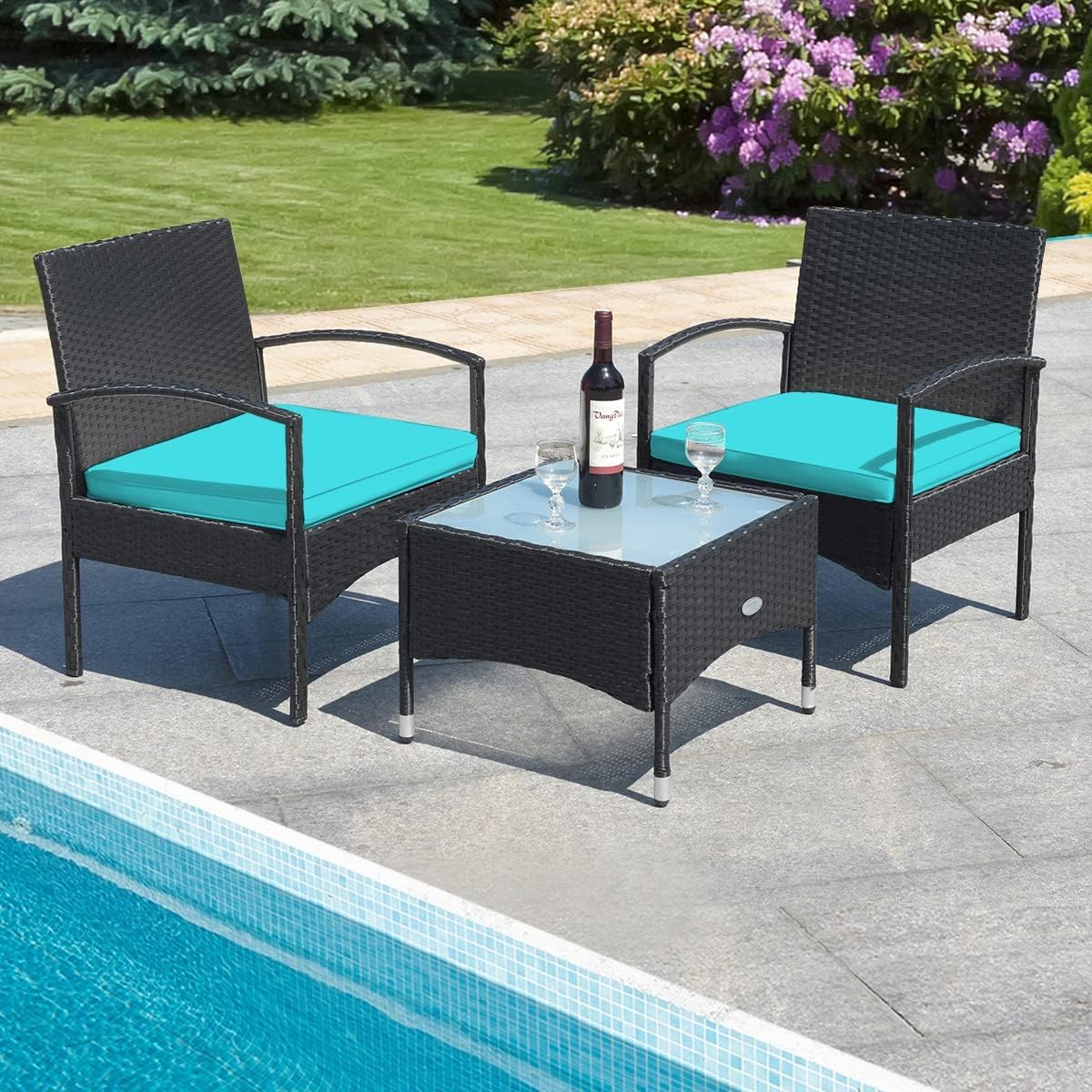HAPPYGRILL 3 Pieces Patio Furniture Conversation Set, Outdoor Rattan Wicker Bistro Set with Glass Coffee Table & Soft Cushions for Balcony Garden Poolside