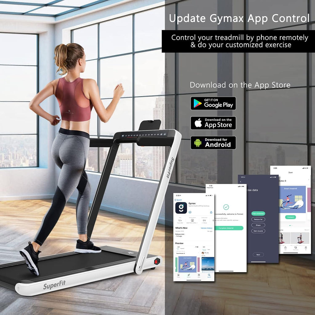 Goplus 2 in 1 Folding Treadmill with Dual Display, 2.25HP Superfit Under Desk Electric Pad Treadmill, Installation-Free, Blue Tooth Speaker, APP Control, Remote Control, Walking Jogging for Home
