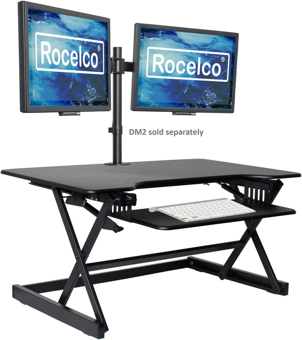 Rocelco 38' Large Height Adjustable Standing Desk Converter - Quick Sit Stand Up Dual Monitor Riser - Gas Spring Assist Tabletop Computer Workstation - Retractable Keyboard Tray - Black (R DADRB-38)