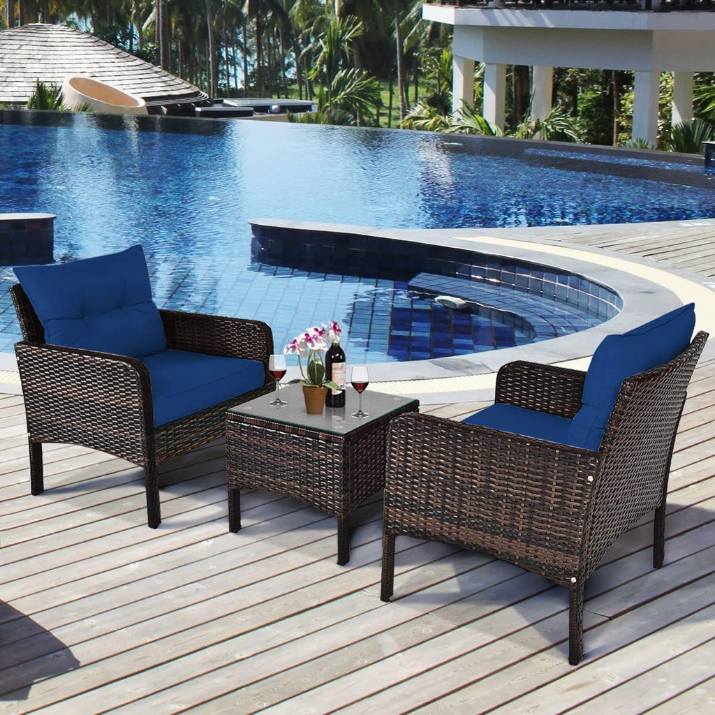 COSTWAY 3PCS Patio Furniture Set, Outdoor Wicker Cushioned Sofa Set with Coffee Table, All Weather Rattan Conversation Set for Garden Balcony Backyard Poolside Lawn, Navy