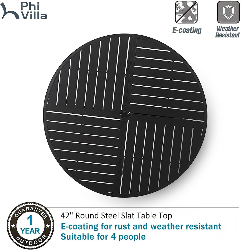 PHI VILLA 5 Piece Outdoor Dining Table Set for 4, 42' Round Steel Dining Table with Umbrella Hole & 4 Black Stacking Metal Chairs for Patio, Deck, Yard, Porch