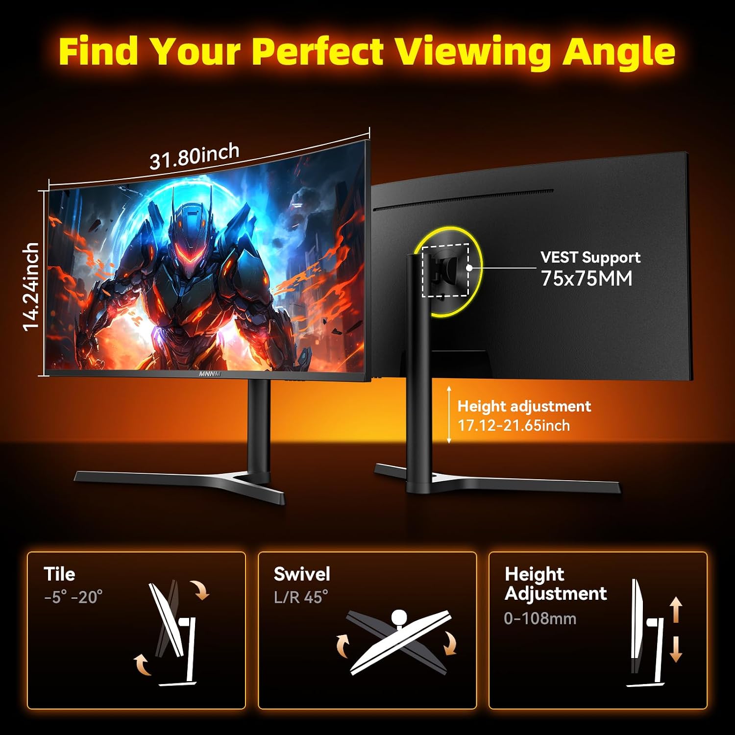 34 Inch Ultrawide Gaming Monitor - 21:9 WQHD 3440 x 1440 R1500 Curved Computer Monitor for Gamer, 180Hz,1ms, AMD FreeSync, PIP/PBP, Crosshair, TÜV Eye Care, HDMI 2.0 & DP1.4, Tilt/Height/Swivel Stand