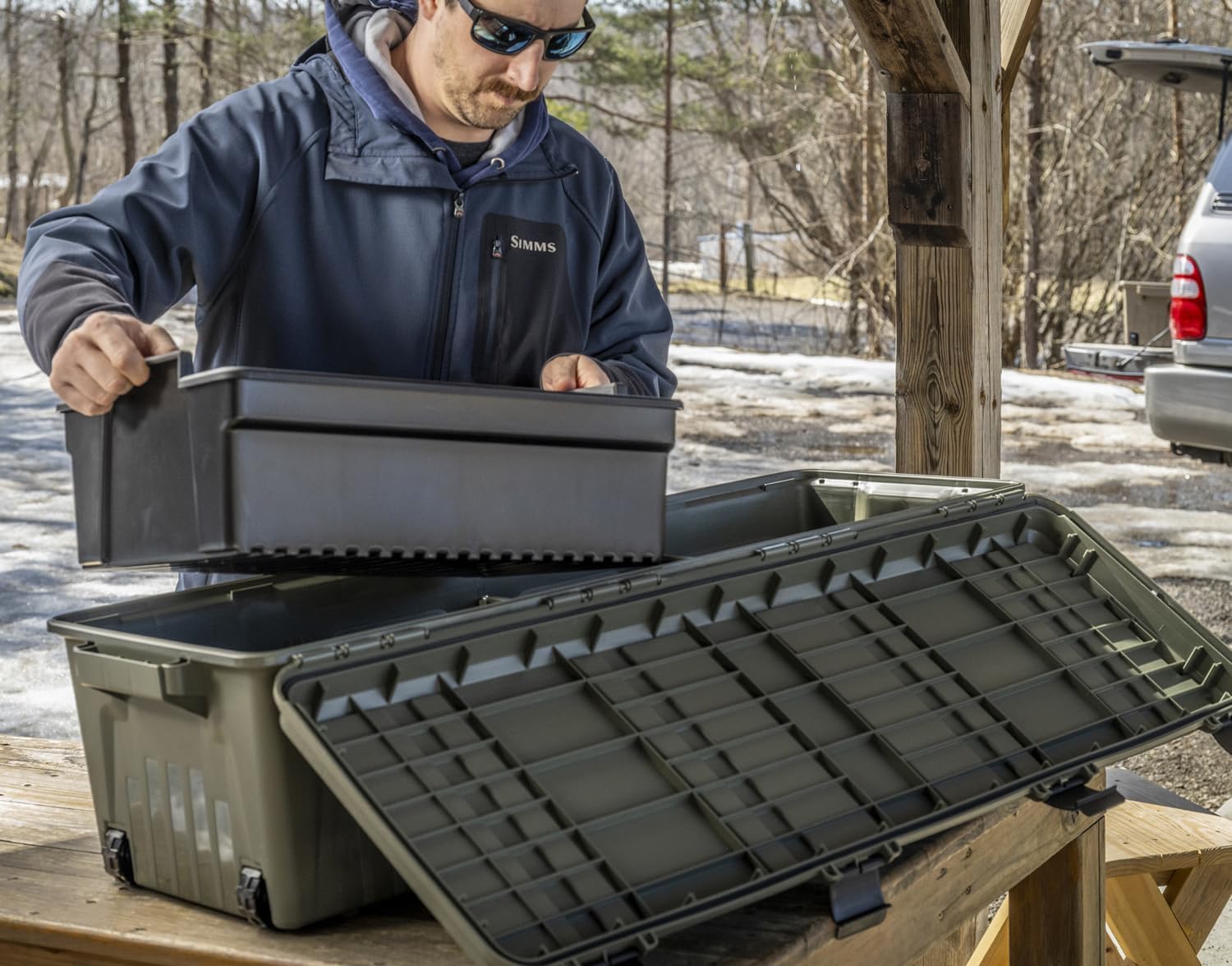 MTM MGC - The Mule Mobile Gear Crate, Storage for Hunting Gear, Shooting Supplies, Outdoor Gear, Camping Accessories, Water-Resistant, Stackable, Holds 75lbs of Gear, USA Made, Army Green