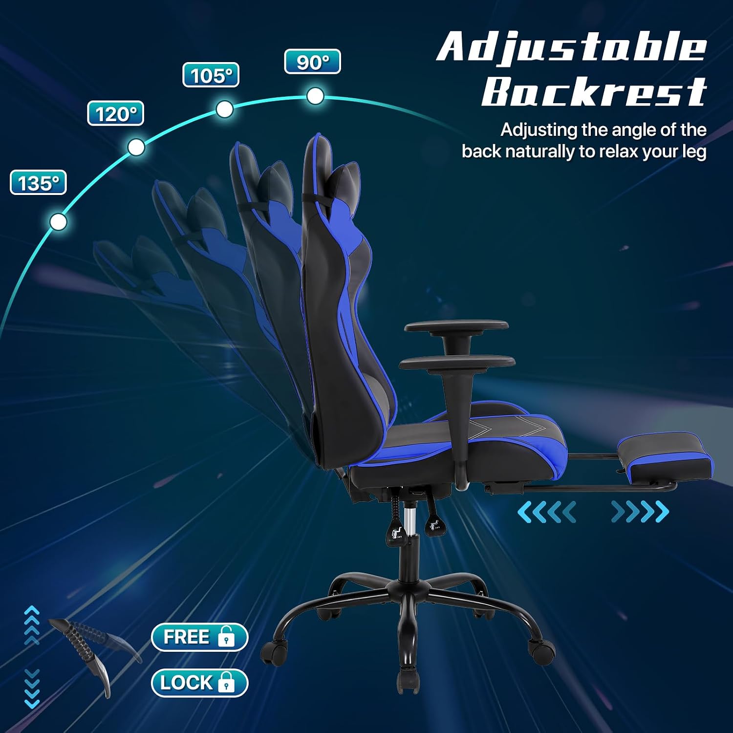 Ergonomic Gaming Chair with Footrest, High Back PU Leather Office Desk Chair for Adults Teens, Rolling Swivel Computer Chair (Blue)