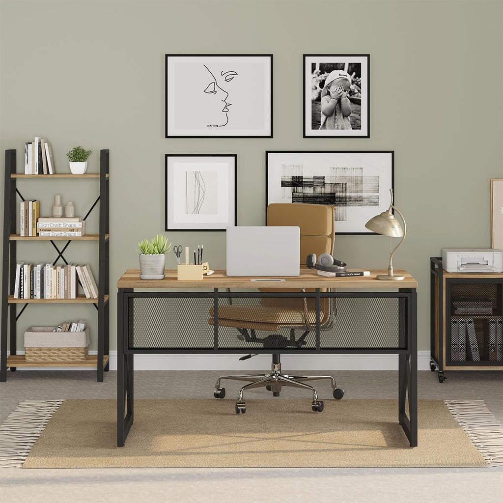 BON AUGURE Farmhouse Computer Desk, Modern Industrial Home Office Desks, Wood Metal Study Writing Table, Sturdy Gaming Desk (Vintage Oak, 54 Inch)