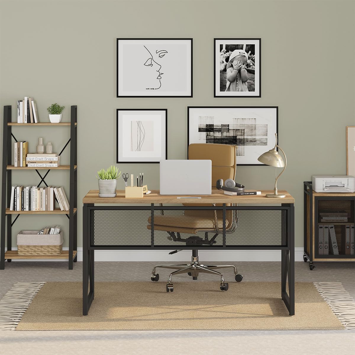 BON AUGURE Farmhouse Computer Desk, Modern Industrial Home Office Desks, Wood Metal Study Writing Table, Sturdy Gaming Desk (Vintage Oak, 54 Inch)