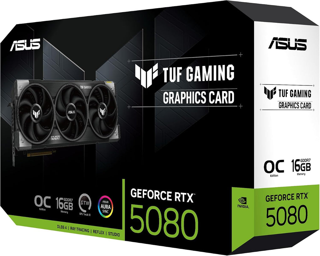 ASUS TUF GeForce RTX™ 5080 16GB GDDR7 OC Edition Graphics Card, NVIDIA, Desktop (PCIe® 5.0, HDMI®/DP 2.1, 3.6-Slot, Military-Grade Components, Protective PCB Coating, Axial-tech Fans, Vapor Chamber)