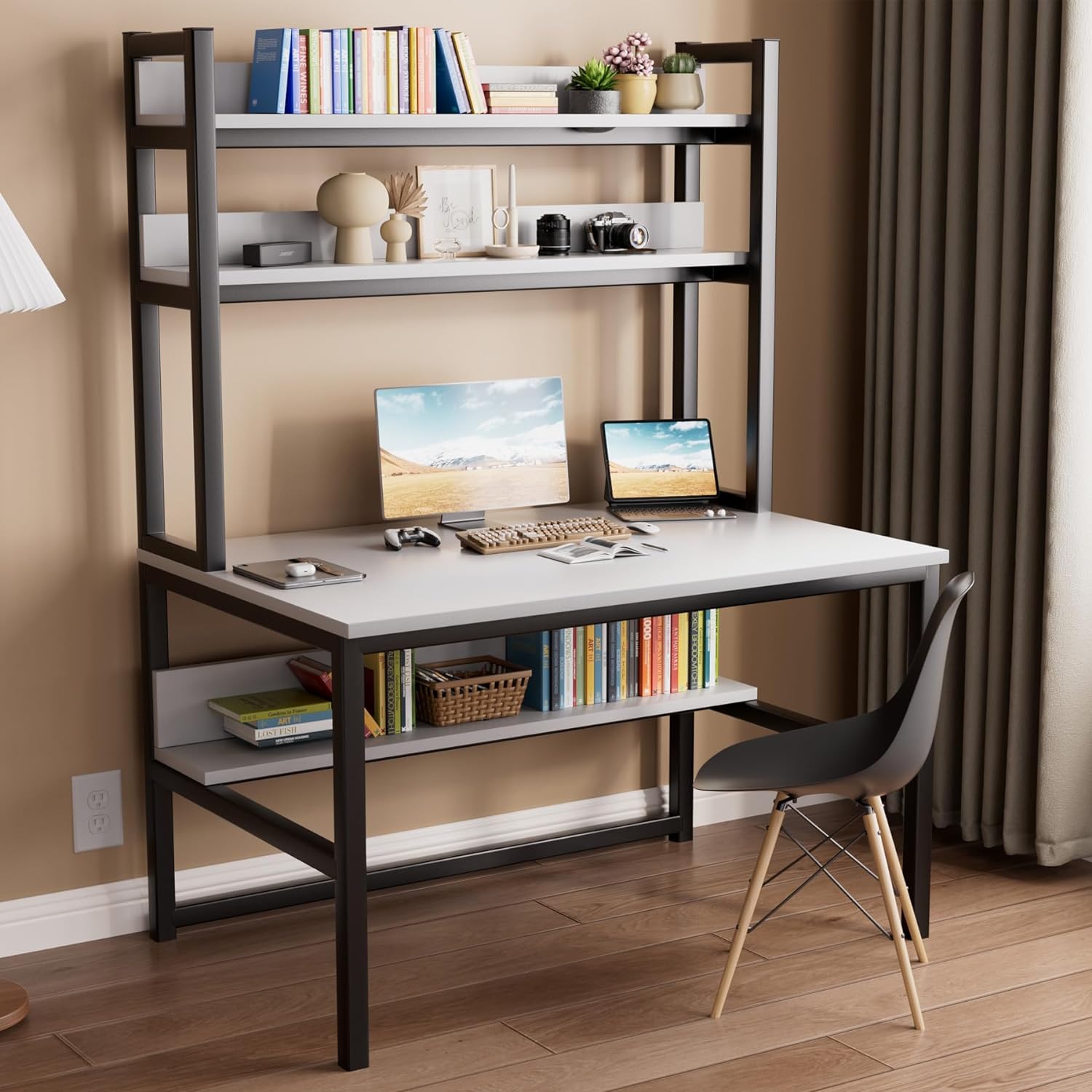 Aquzee Computer Desk with Shelves, 47' W x 23.6' D Gaming Desk with Hutch and Bookshelf, White Study Table for Bedroom Space Saving with 3 Tier Storage Shelf, Home Office Desk for Writing Work